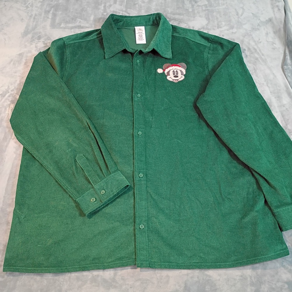 Disney Mens XXL Mickey Mouse Santa Corduroy Button Down Shirt Green Christmas